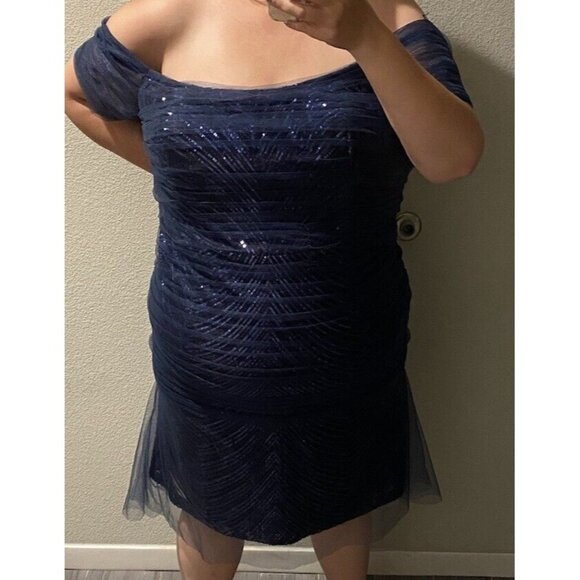 GALINA‎ SIGNATURE By David bridal Dress Womens 24 Navy Blue Sequin Shoulder Off - Picture 1 of 12